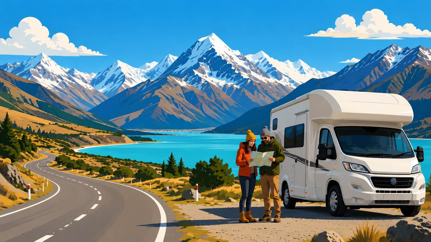 Camper vicino al Lago Pukaki, sulla strada per Aoraki Mount Cook in Nuova Zelanda