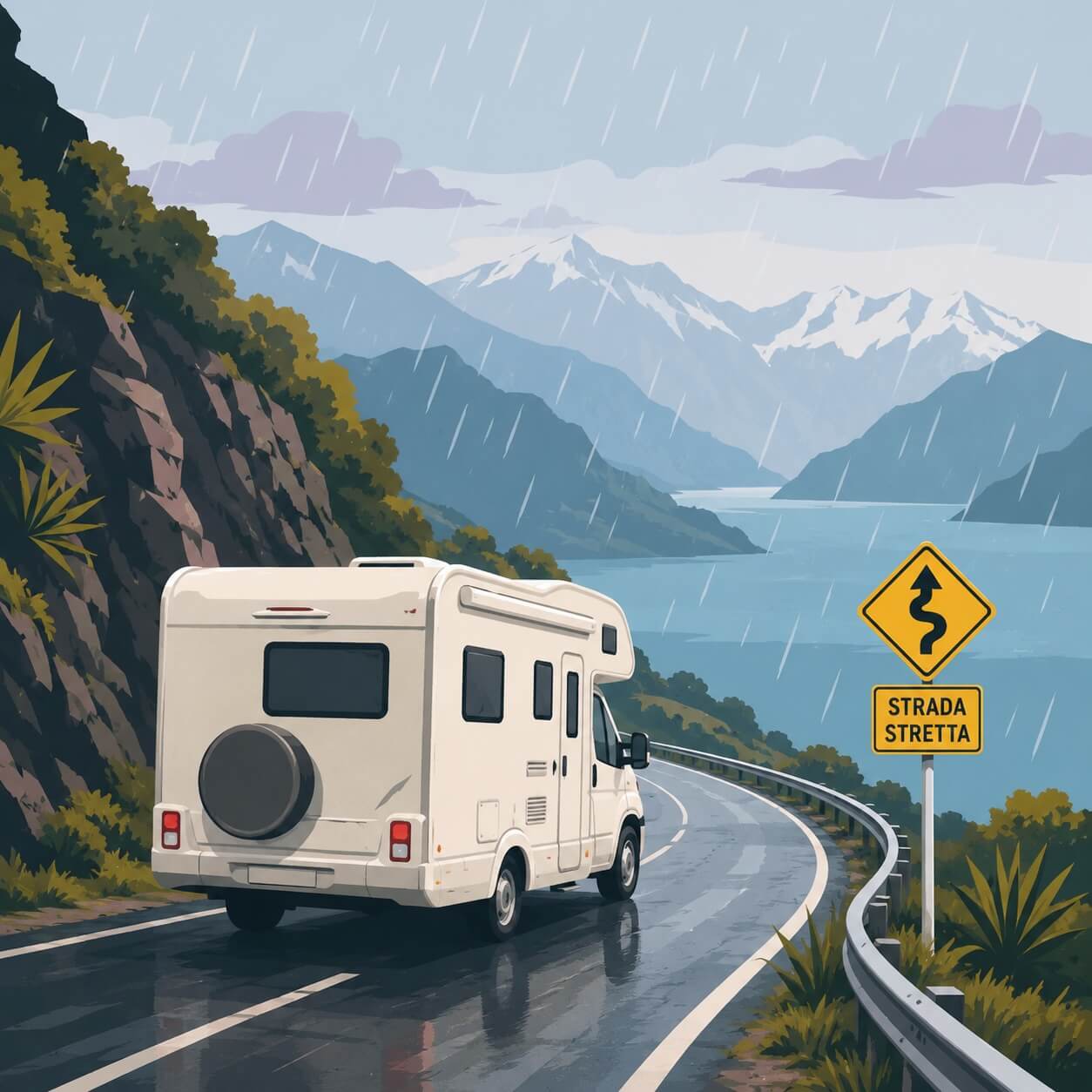 Camper in viaggio su una strada di montagna in Nuova Zelanda
