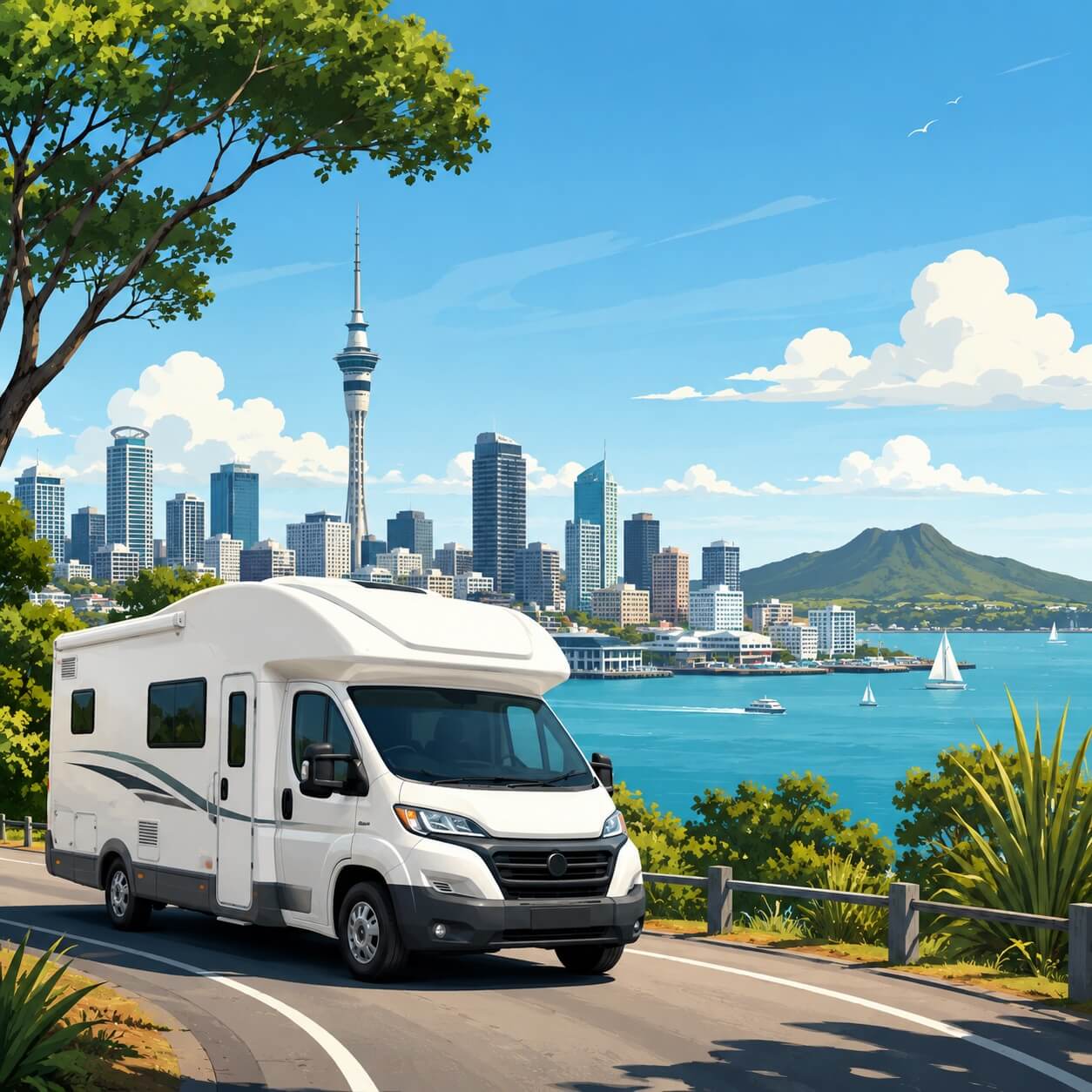 Camper a noleggio vicino alla baia di Auckland con Sky Tower sullo sfondo